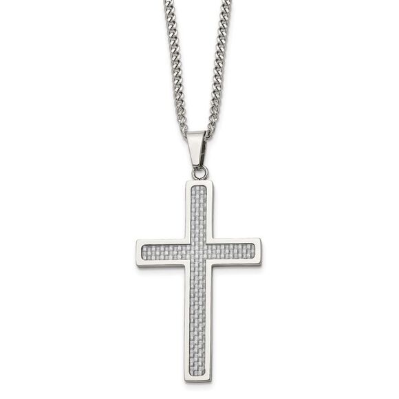 Stainless Steel & Gray Carbon Fiber Large Cross Necklace 20 Inch